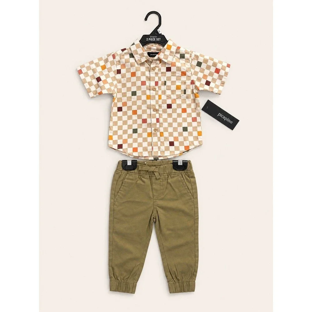 NWT Picapino 2 Piece Toddler Boys Outfit Set 12M Button-Up Shirt & Khaki Jogger